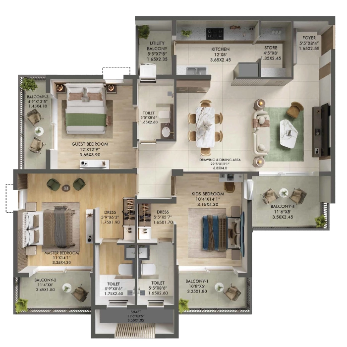 Ashiana Aaroham 3 BHK Type-I Floor Plan